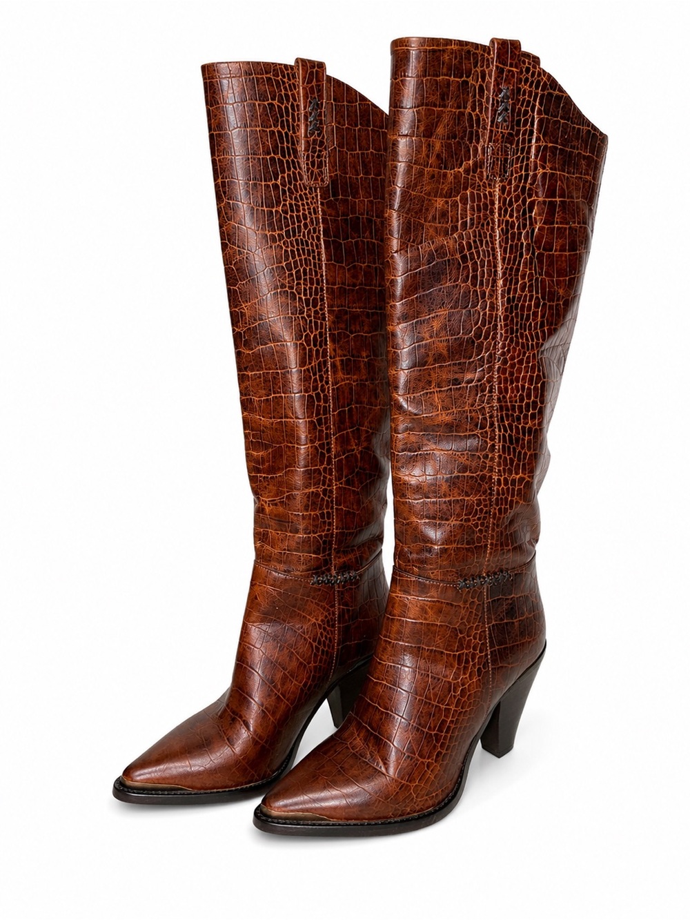 Free People Stevie Brown Croc Embossed Leather Boots US 7 Western Boho Luxe‎
